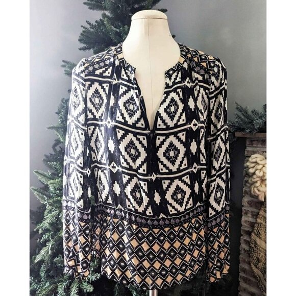HALE BOB Tribal Print Henley Silk Blouse Small - Picture 2 of 5